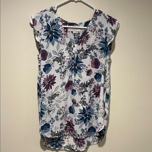 LOFT Floral Cap Sleeve Blouse - Blue and Purple on White